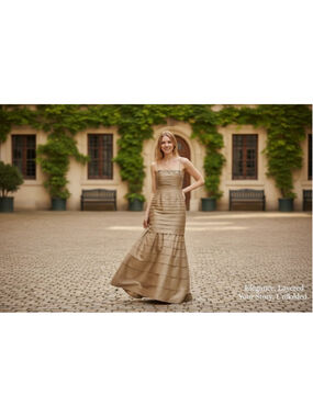 JS Collections Tan Tiered Evening Mermaid Gown, Size 14